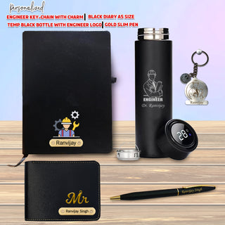 Customized Engineer's Gift Set-Keychain, Sleek Water Bottle, Pen, Wallet & Diary