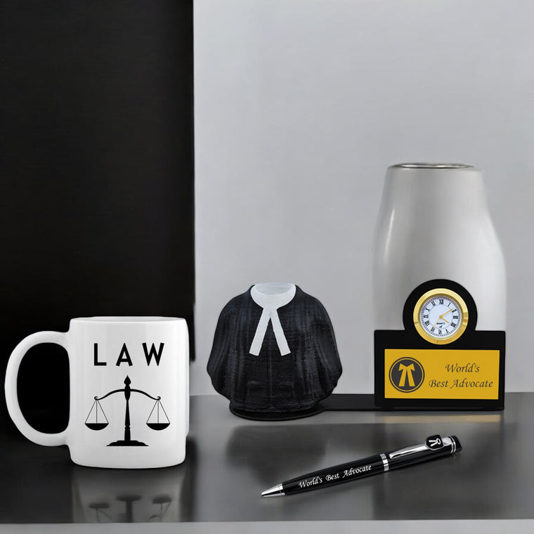 Advocate Pen, Fiber Pen Stand with Watch & Advocate Coffee Mug with 'World's Best Advocate' Engraved.