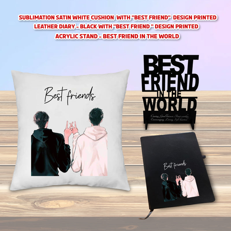 Friendship Day Male Gift Combo - Cushion, Acrylic Stand,& Black Leather Diary combo