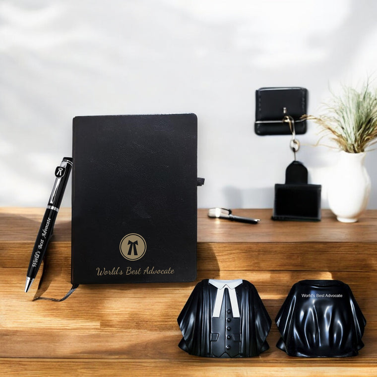 Advocate Desk Set: Pen Stand, Engraved Pen & A5 Diary with Advocate Logo.