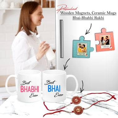Personalized Bhaiya Bhabhi Rakhi Combo – Photo Puzzle Magnet & Printed Mug Set with Rakhi