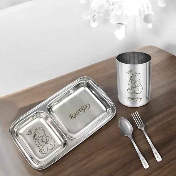 2 Compartment Stainless Steel Dinner Plate with Spoon & Fork – Name & Design Engraved