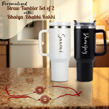 Personalized Bhaiya Bhabhi Rakhi Gift – Custom Black & White Straw Tumblers (Set of 2) + Bhaiya-Bhabhi Rakhi.