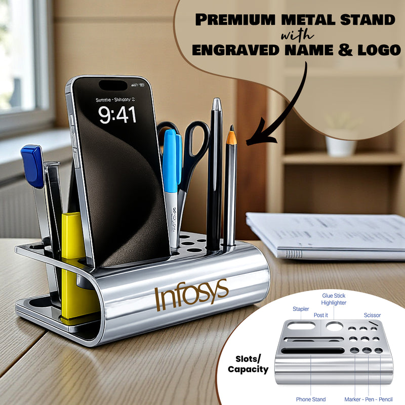 engraved metal desk pen holder with company logo personalized gift