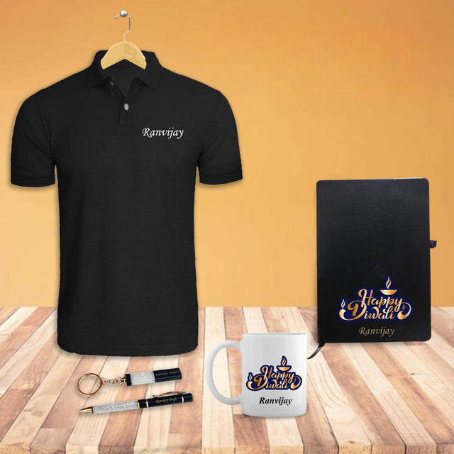 Diwali Gifts - Crystal Pen & Keychain , Black T-Shirt , Diwali Mug & Leather Diary