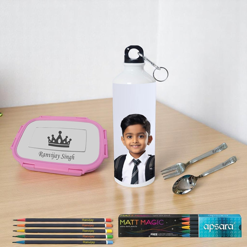 Personalized Kids School Kit – Engraved Lunch Box, Spoon Fork, Bottle & Pencils.