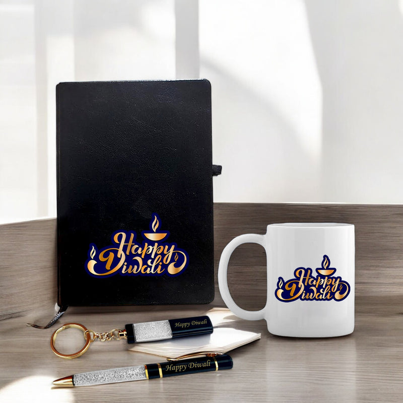 Diwali Gift Set - Crystal Pen, Keychain, Coffee Mug & Leather Diary.