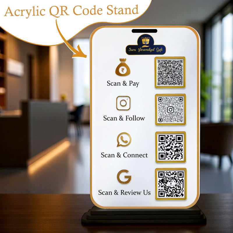 Custom Acrylic QR Code Stand with 4 QR Slots – 6x8 Inch Table Display