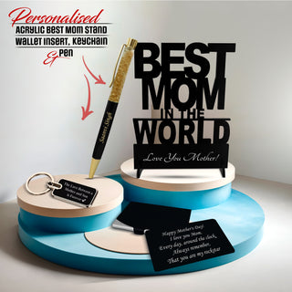 Personalized Engraved Gift Set – Pen, Keychain, Acrylic Stand & Wallet Insert.