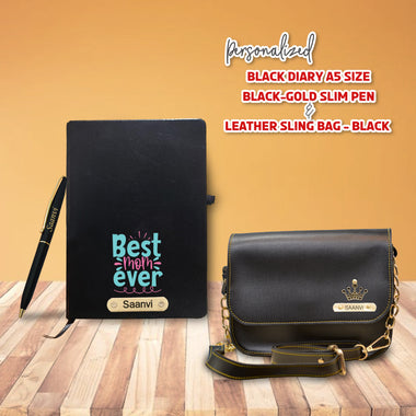 Customized Mother's Day Gift Set – Engraved Pen, 'Best Mom Ever' Diary, & Custom Sling Bag