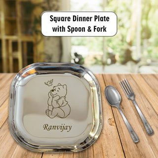 Kids Square Plate with Name & Cartoon Character Engraved