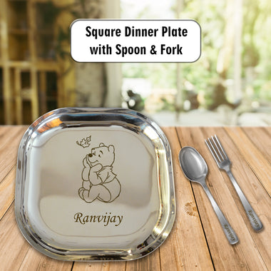 Kids Square Plate with Name & Cartoon Character Engraved