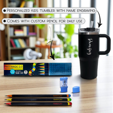 Kids Mini Tumbler 500 ml Black with Engraved Name + Pencil Set.