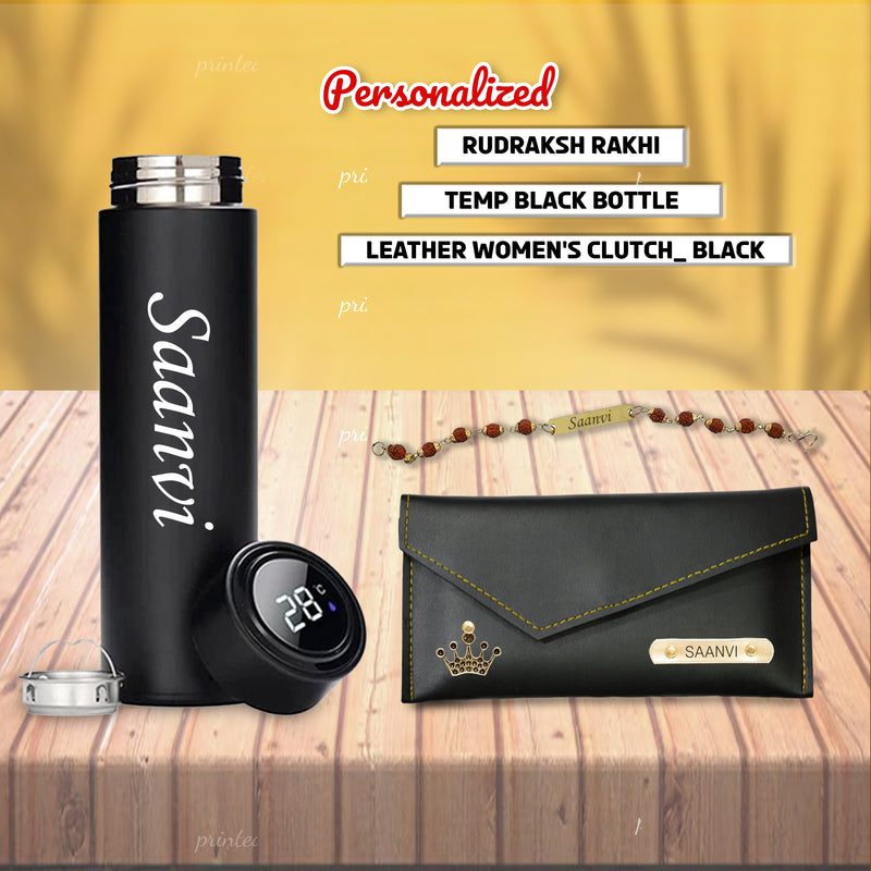 Rakshabandhan Gift: Leather Clutch, Temp Bottle & Name Rakhi.