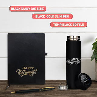 Retirement Gift Set – Pen, A5 Black Diary with Quote & Temperature Bottle –