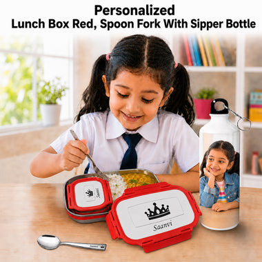 Customized Kids Combo: Photo Bottle & Name Engraved Steel Lunch Box.