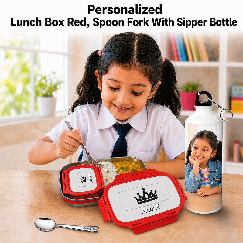 Customized Kids Combo: Photo Bottle & Name Engraved Steel Lunch Box.