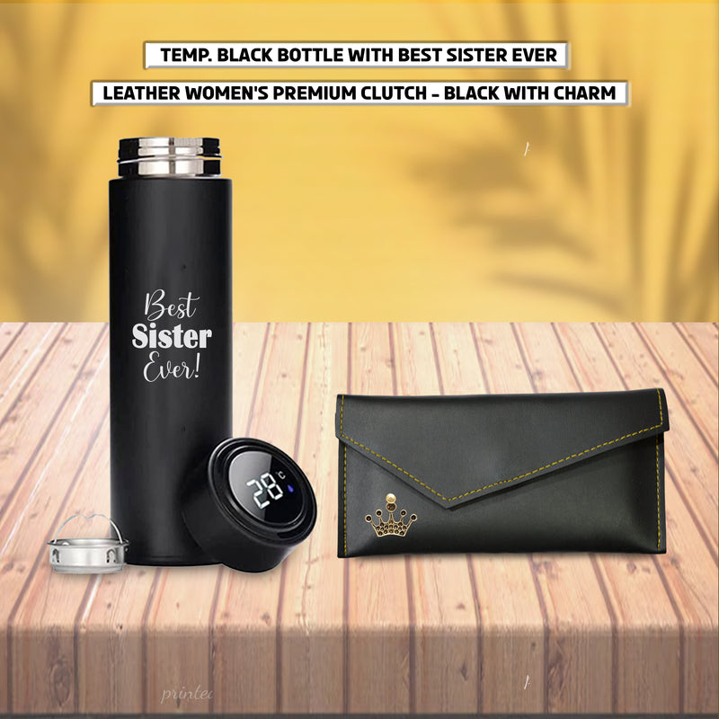 Rakshabandhan Gift Set – Black Leather Clutch & Engraved Bottle.