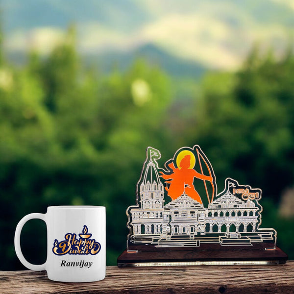 Diwali Gift Set - Acrylic Ram Mandir Miniature & Diwali Mug