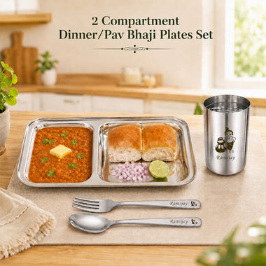 Customized 2 Compartment Stainless Steel Dinner Plate with Spoon & Fork – Name & Design Engraved