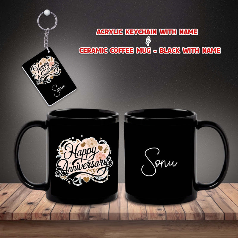 Black Mug & Keychain with Happy Anniversary Quote and Custom Name