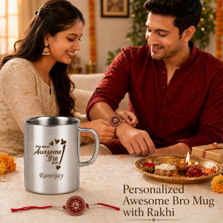 Customized Stainless Steel Mug with Name and Rakhi for Brother 220 ml.