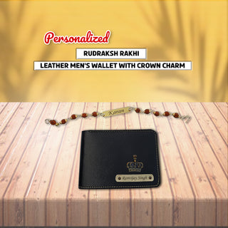Customized Rakshabandhan Combo For Brother- Leather Men's Wallet Black & Rudrakash Rakhi.