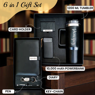 Personalized 6-in-1 Corporate Set – Custom Name/Logo Engraved 1200ml Tumbler, Diary, Pen, Keychain, Cardholder & 10,000 mAh Power Bank