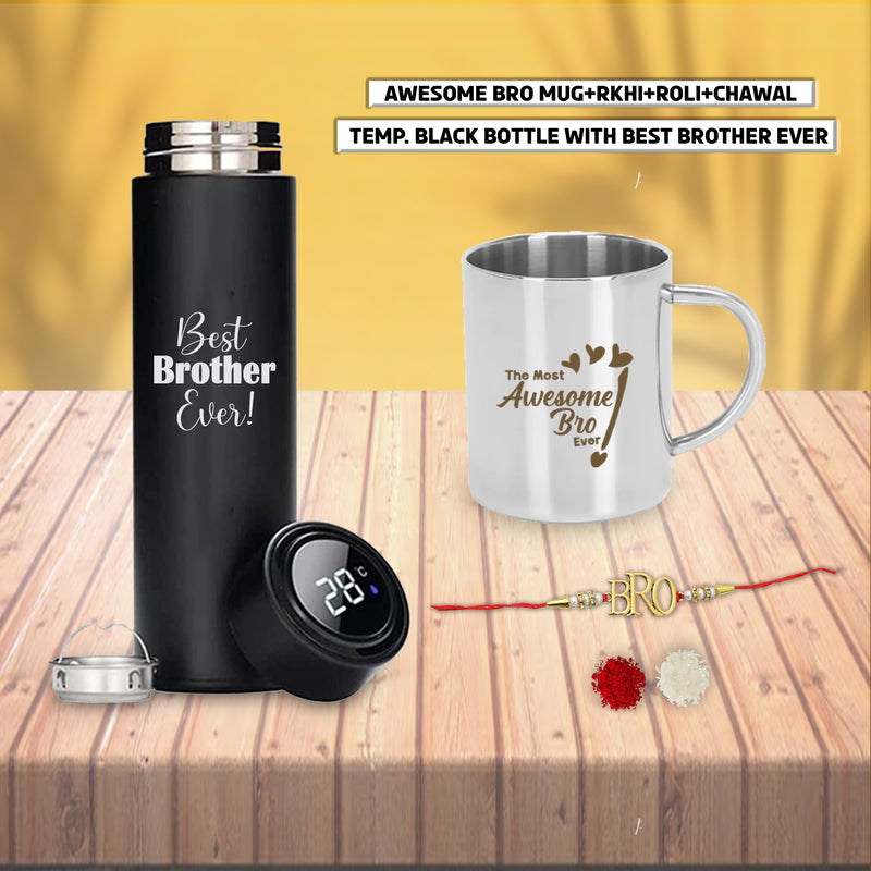 Rakshabandhan Gift Set- Awesome Bro Quote Engraved Mug & Black Bottle