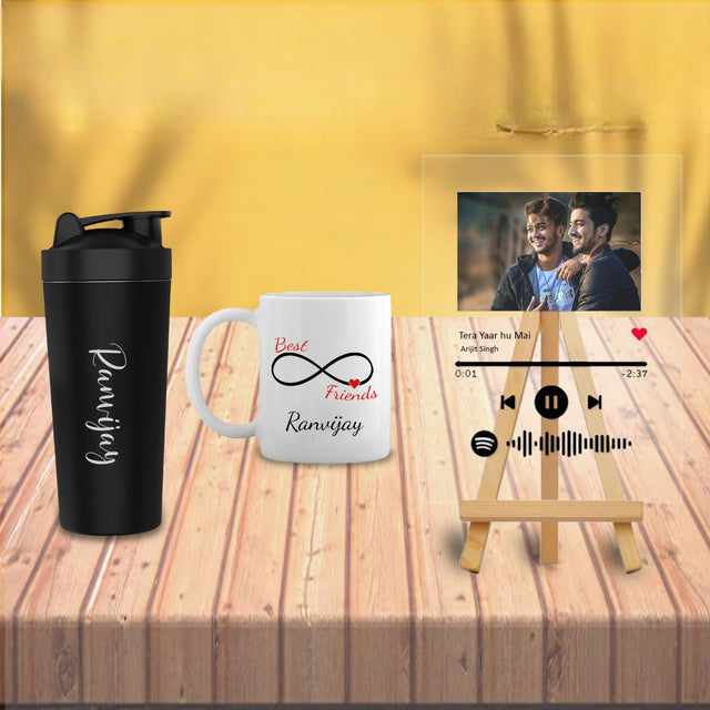 Friendship Day Gift Set - Custom Mug, Spotify Frame, Name Gym    Shaker