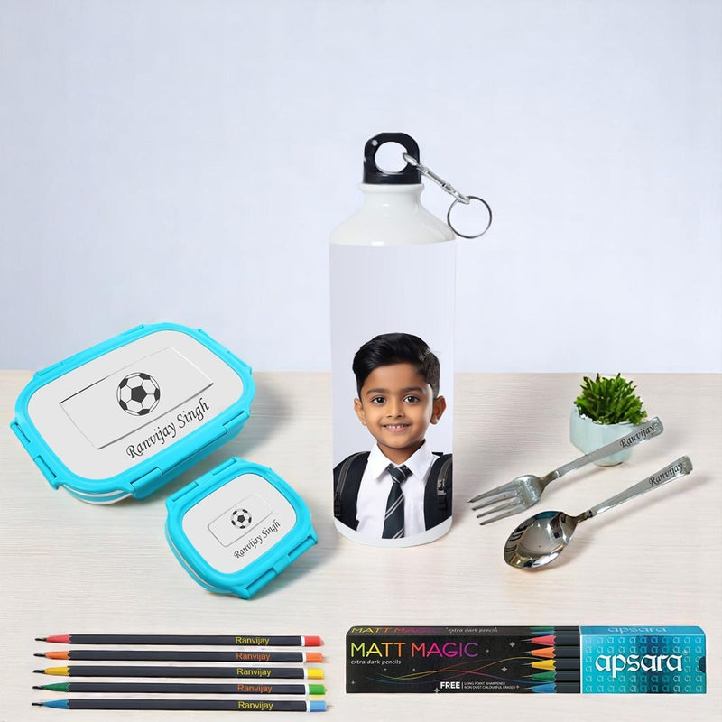 Personalized Kids School Kit – Engraved Lunch Box, Spoon Fork, Bottle & Pencils.