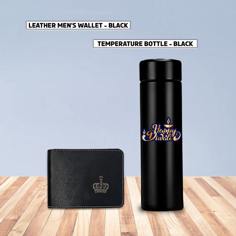 Diwali Gift Set- Leather Men's Wallet with King Charm & Black Bottle with 'Happy Diwali' Quote.