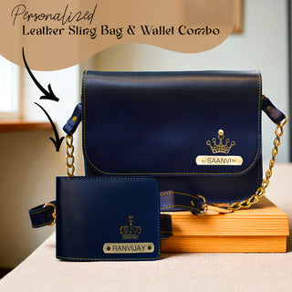 Leather Couple Gift Combo of a personalized Men's wallet and women's chain sling bag with a name and elegant charm.