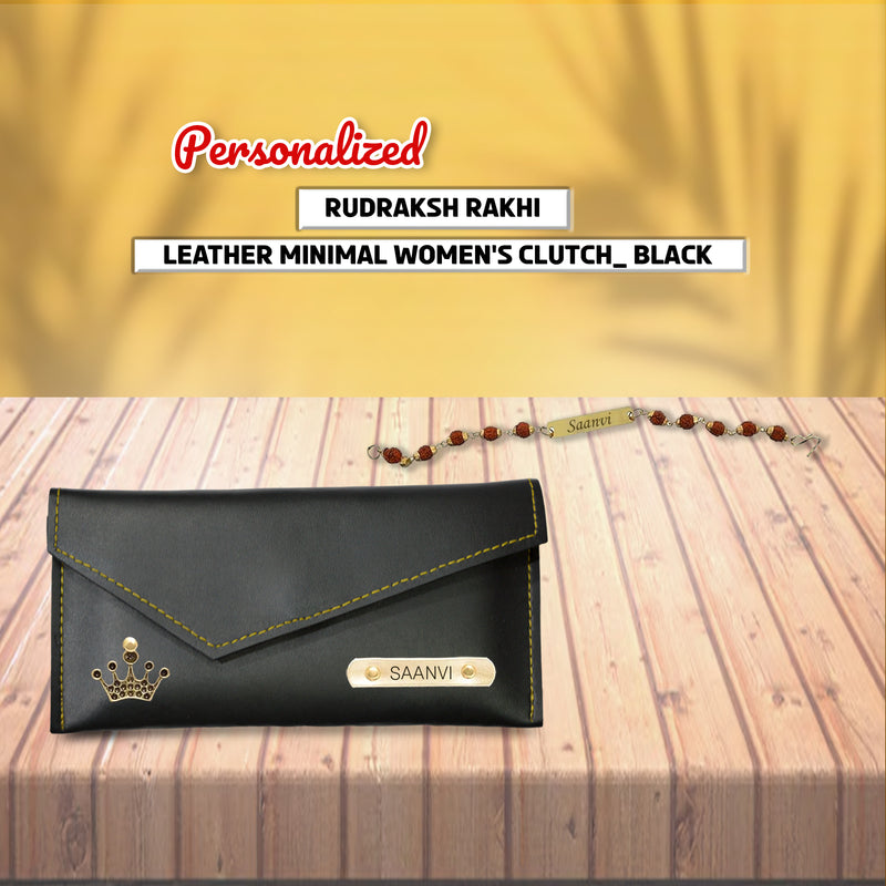 Rakhi Combo: Leather Clutch & Name Engraved Rudraksh Rakhi.