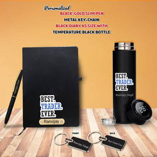 Customized Trader Gift Set – Metal Keychain, Temperature Bottle, Slim Pen, and A5 Black Diary.