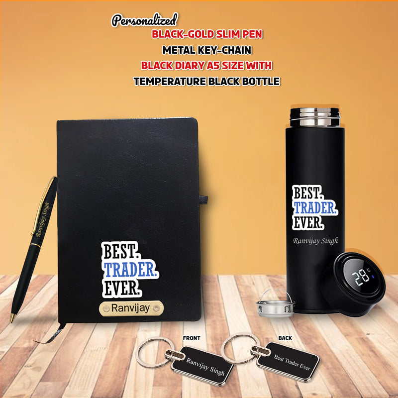 Customized Trader Gift Set – Metal Keychain, Temperature Bottle, Slim Pen, and A5 Black Diary.