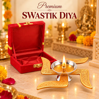 Gifts Brass Swastik Diya with Red Gift Box | Traditional Pooja Deepak for Diwali, Housewarming & Gifting