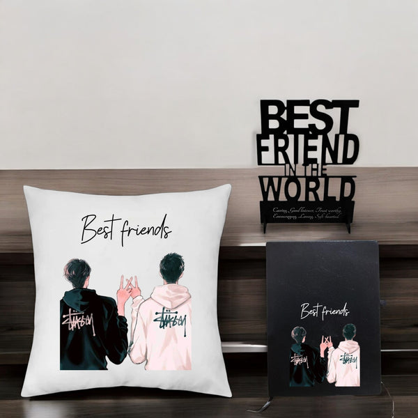 Friendship Day Male Gift Combo - Cushion, Acrylic Stand,& Black Leather Diary combo