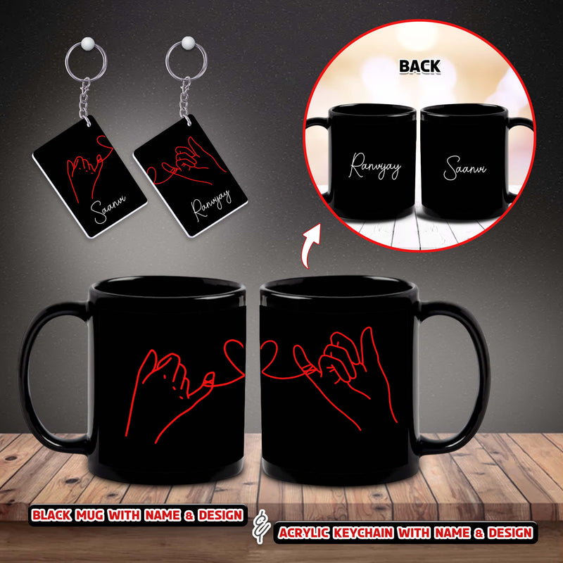 Anniversary Gift Set – Black Coffee Mugs (Set of 2) & Keychains with Name Printed – Valentine's Day Gift.