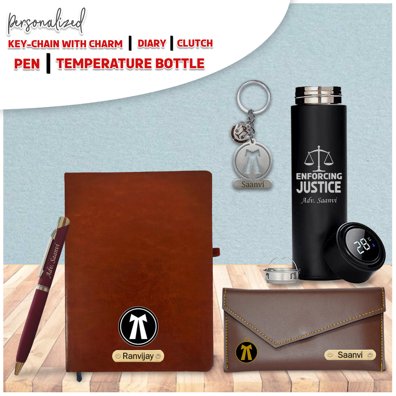 Customized Advocate Gift Set: Personalized Keychain, Bottle, Pen, Clutch & Diary.
