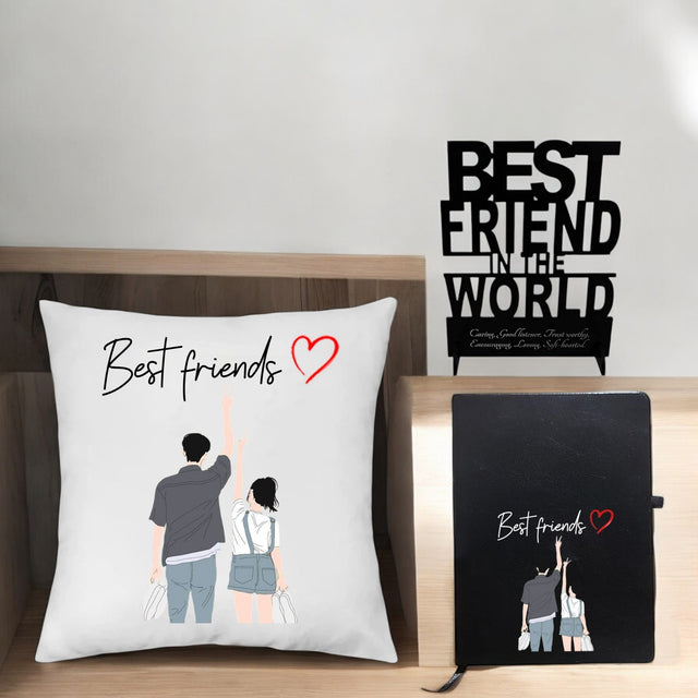 Friendship Combo Set- Cushion, Acrylic Stand, and Black Leather Diary.