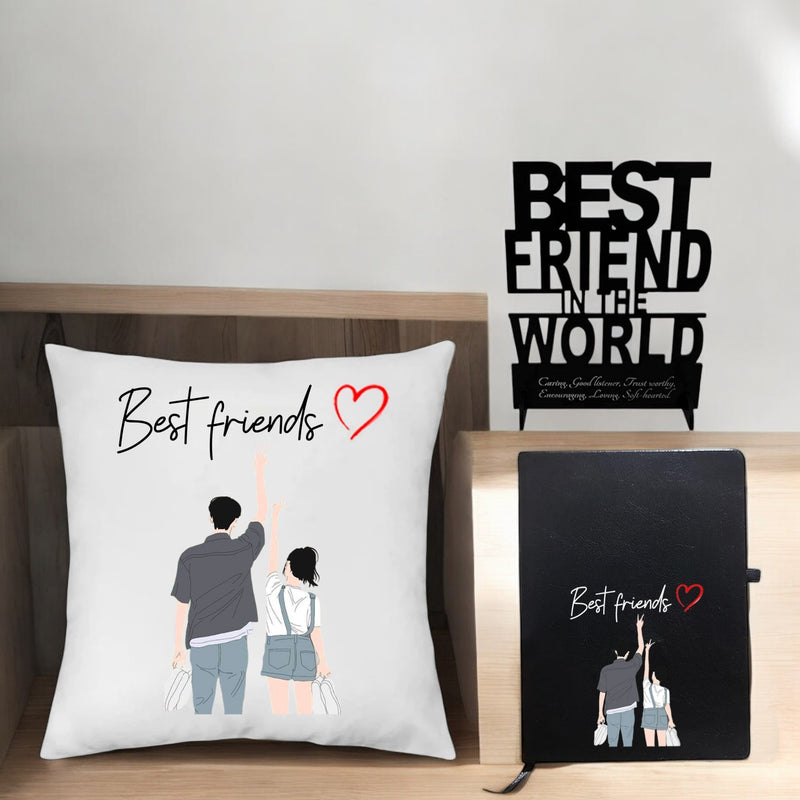 Friendship Combo Set- Cushion, Acrylic Stand, and Black Leather Diary.