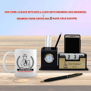 Engineer Gift Set – Engraved Pen Stand, Custom Pen & Engineer Theme Coffee Mug