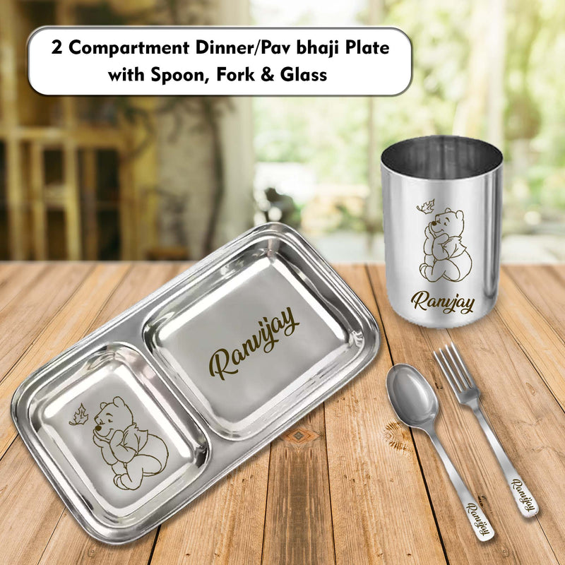 2 Compartment Stainless Steel Dinner Plate with Spoon & Fork – Name & Design Engraved