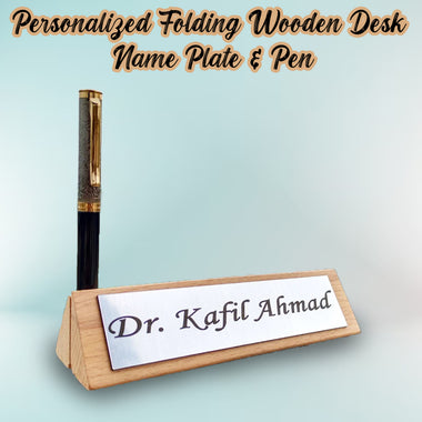 Metal Pen & Wooden Desk Name Plate cum Pen Stand with Engraved Name