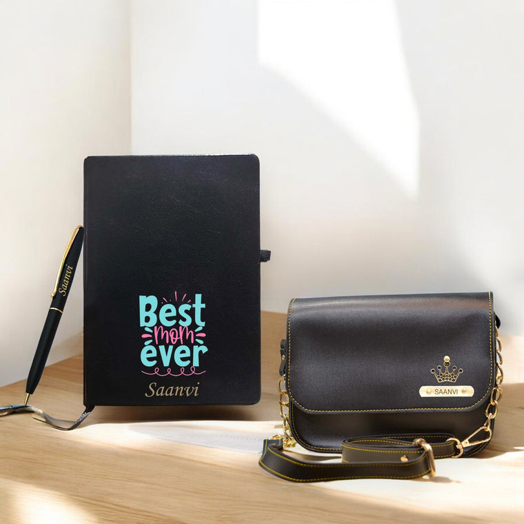 Mother's Day Gift Set – Engraved Pen, 'Best Mom Ever' Diary, & Custom Sling Bag