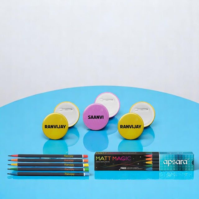 Customized Name Engraved Pencils and 3 Name Printed Badges- Ideal for School