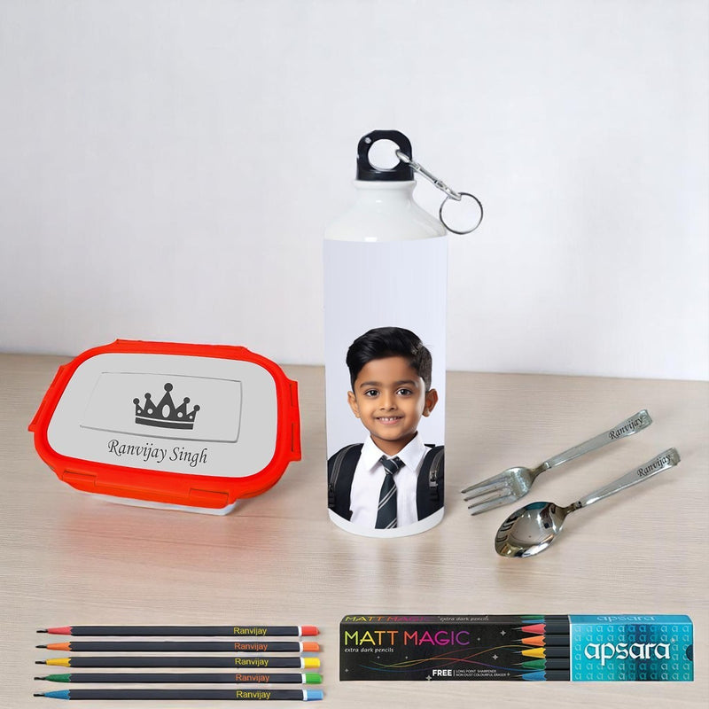 Personalized Kids School Kit – Engraved Lunch Box, Spoon Fork, Bottle & Pencils.