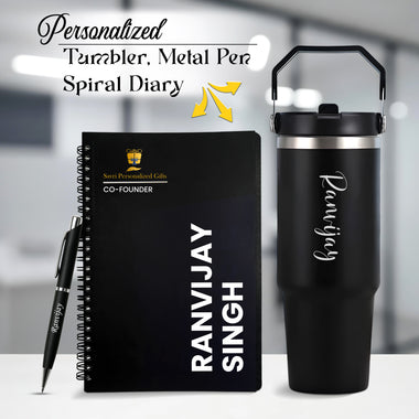 Customized Premium Gift Set with Pen, Spiral Diary & 900 ML Tumbler.