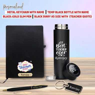 Customized Teacher Gift Set-Metal Keychain, Temp Black Bottle,Black-Gold Slim Pen,& A5 Black Diary.